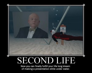 Fake motivational poster with an image of a PowerPoint slide show being presented underwater in Second Life